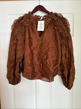Brown Ruffle Shoulder Blouse - Women